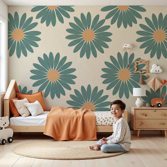 Papier peint chambre bébé | Fleurs stylisées aux couleurs douces sur fond crème