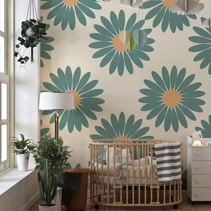 Papier peint chambre bébé | Fleurs stylisées aux couleurs douces sur fond crème
