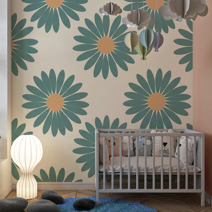 Papier peint chambre bébé | Fleurs stylisées aux couleurs douces sur fond crème