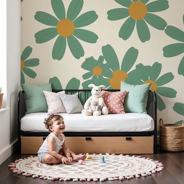 Papier peint chambre bébé | Fleurs stylisées aux pétales verts et cœurs dorés