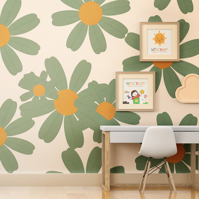 Papier peint chambre bébé | Fleurs stylisées aux pétales verts et cœurs dorés