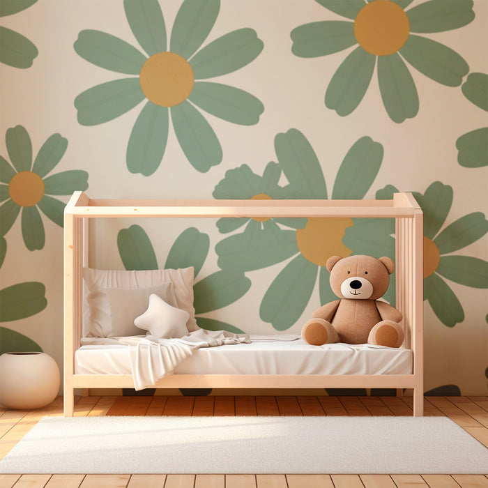 Papier peint chambre bébé | Fleurs stylisées aux pétales verts et cœurs dorés