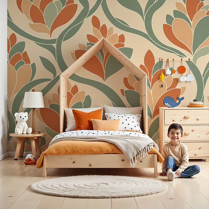 Papier peint chambre bébé | Fleurs stylisées aux teintes douces et chaleureuses