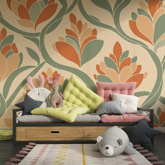 Papier peint chambre bébé | Fleurs stylisées aux teintes douces et chaleureuses