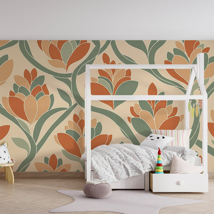 Papier peint chambre bébé | Fleurs stylisées aux teintes douces et chaleureuses