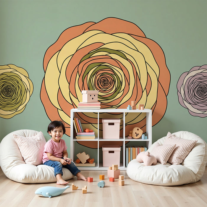 Papier peint chambre bébé | Fleurs stylisées aux teintes douces sur fond vert