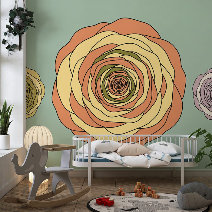 Papier peint chambre bébé | Fleurs stylisées aux teintes douces sur fond vert