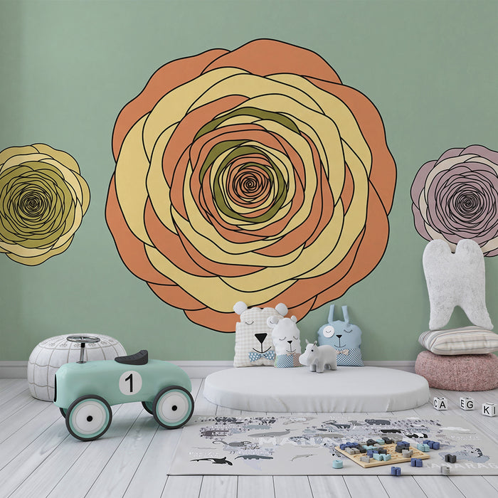 Papier peint chambre bébé | Fleurs stylisées aux teintes douces sur fond vert