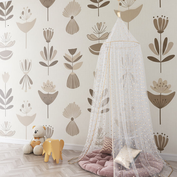 Babykamer behang | Gestileerde bloemen in zachte tinten
