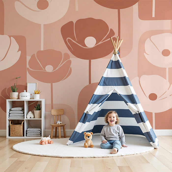 Babykamer behang | Gestileerde bloemen in zachte roze en terracotta tinten