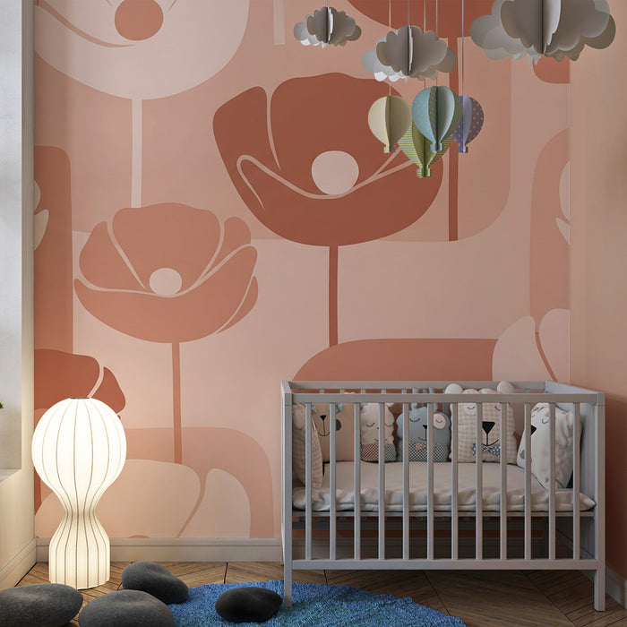 Babykamer behang | Gestileerde bloemen in zachte roze en terracotta tinten