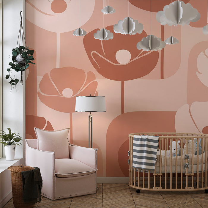 Babykamer behang | Gestileerde bloemen in zachte roze en terracotta tinten