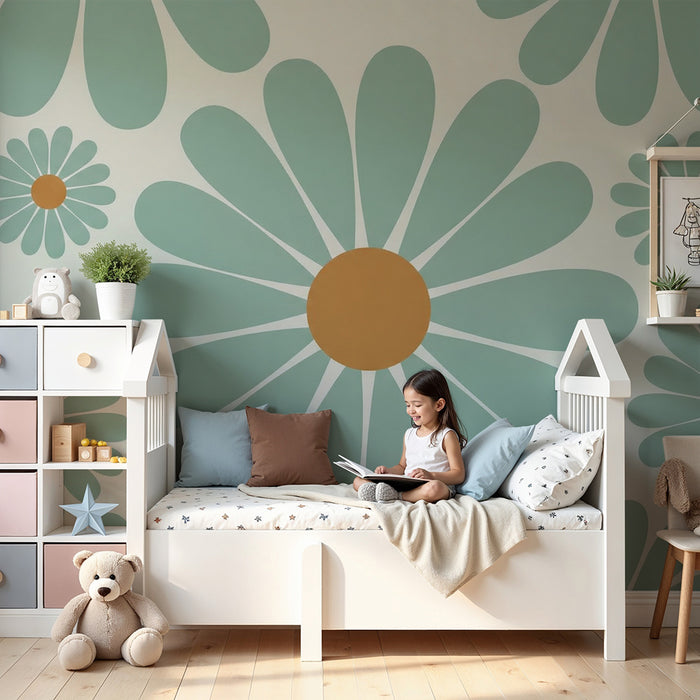 Papier peint chambre bébé | Fleurs stylisées en bleu et orange sur fond crème