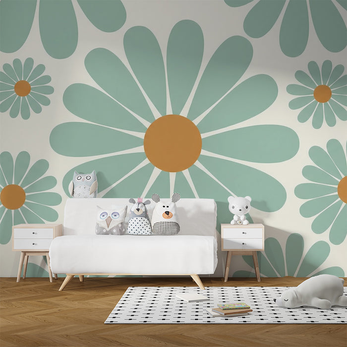 Papier peint chambre bébé | Fleurs stylisées en bleu et orange sur fond crème