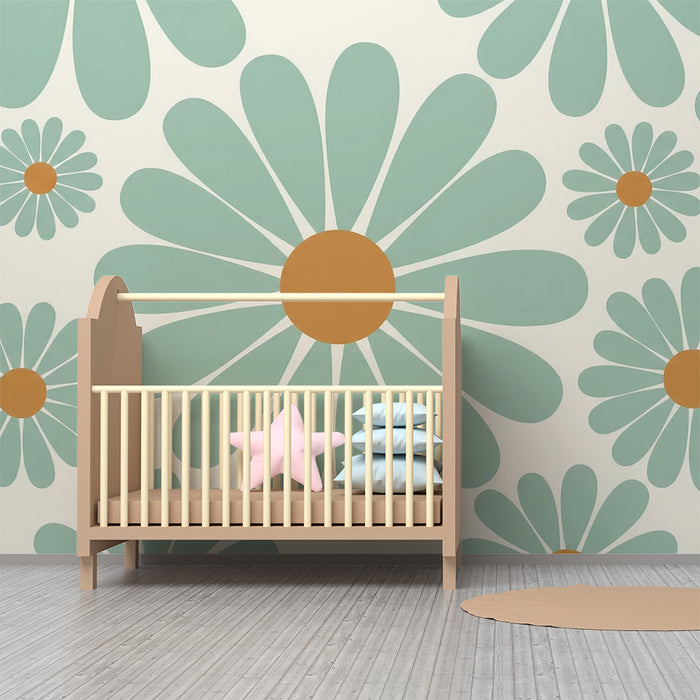 Papier peint chambre bébé | Fleurs stylisées en bleu et orange sur fond crème