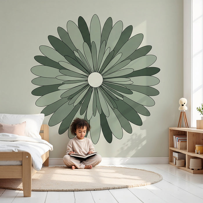 Papel pintado para habitación infantil | Flores estilizadas en degradado de verdes