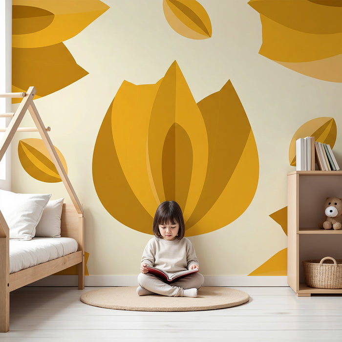 Papier peint chambre bébé | Fleurs stylisées en jaune sur fond clair