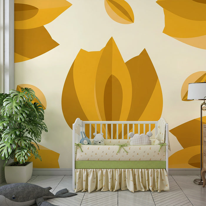 Papier peint chambre bébé | Fleurs stylisées en jaune sur fond clair
