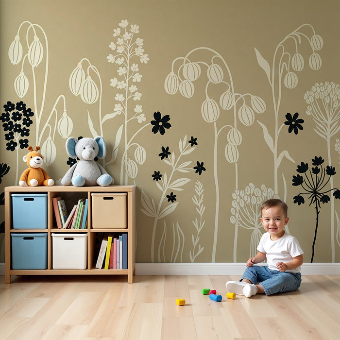Carta da parati camera bebè | Fiori stilizzati in bianco e nero su sfondo beige