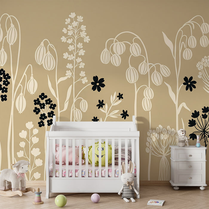 Carta da parati camera bebè | Fiori stilizzati in bianco e nero su sfondo beige