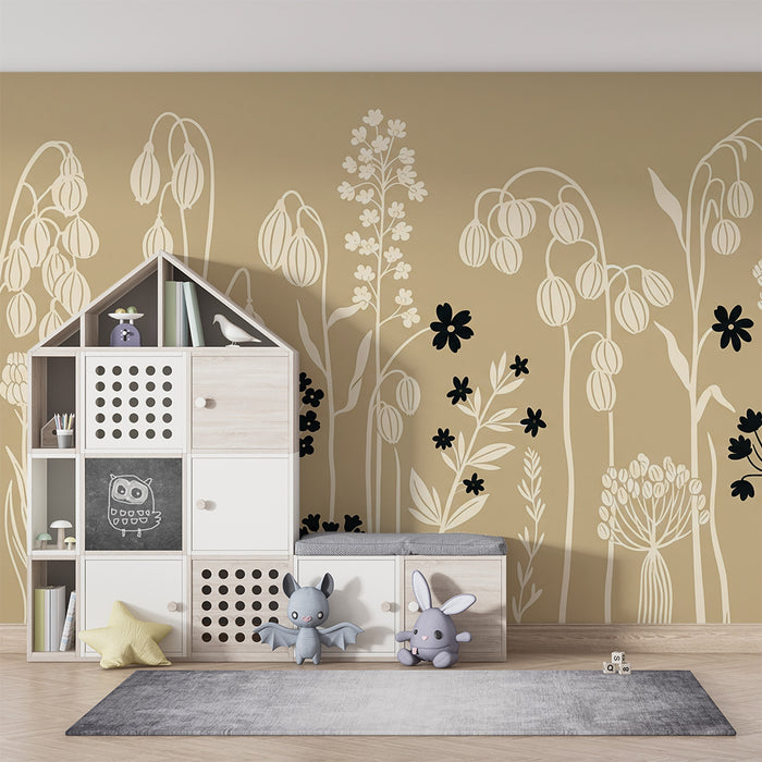 Carta da parati camera bebè | Fiori stilizzati in bianco e nero su sfondo beige