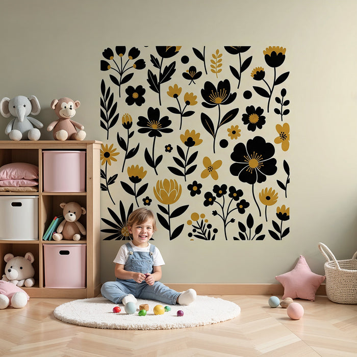 Papier peint chambre bébé | Fleurs stylisées en noir et or