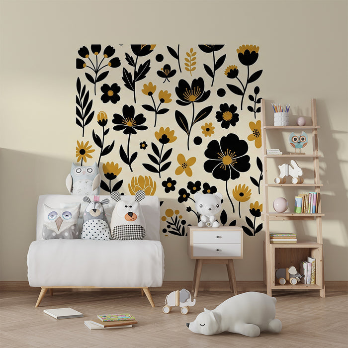 Papier peint chambre bébé | Fleurs stylisées en noir et or