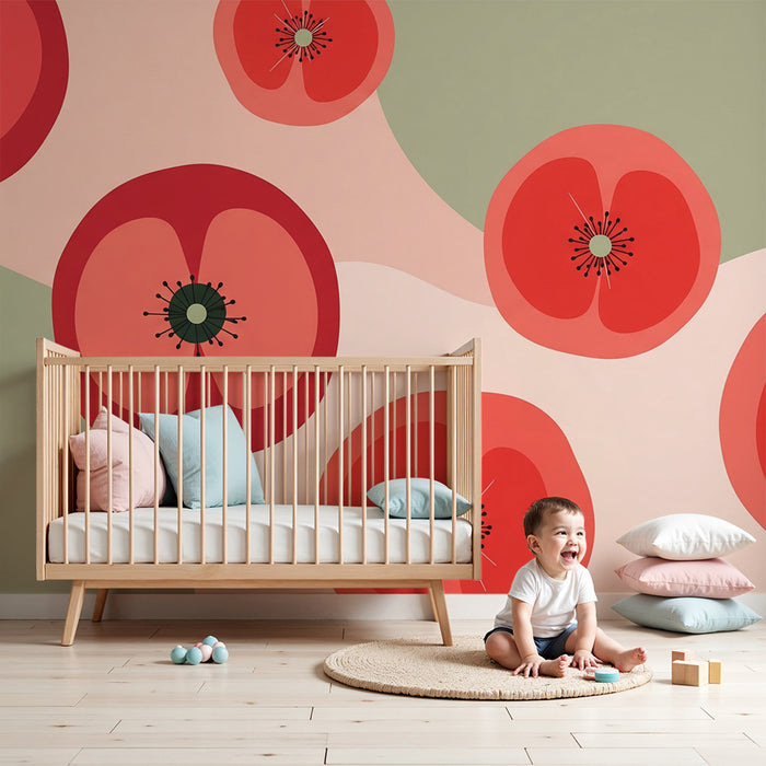 Babykamer behang | Gestileerde bloemen in rood en pastelgroen