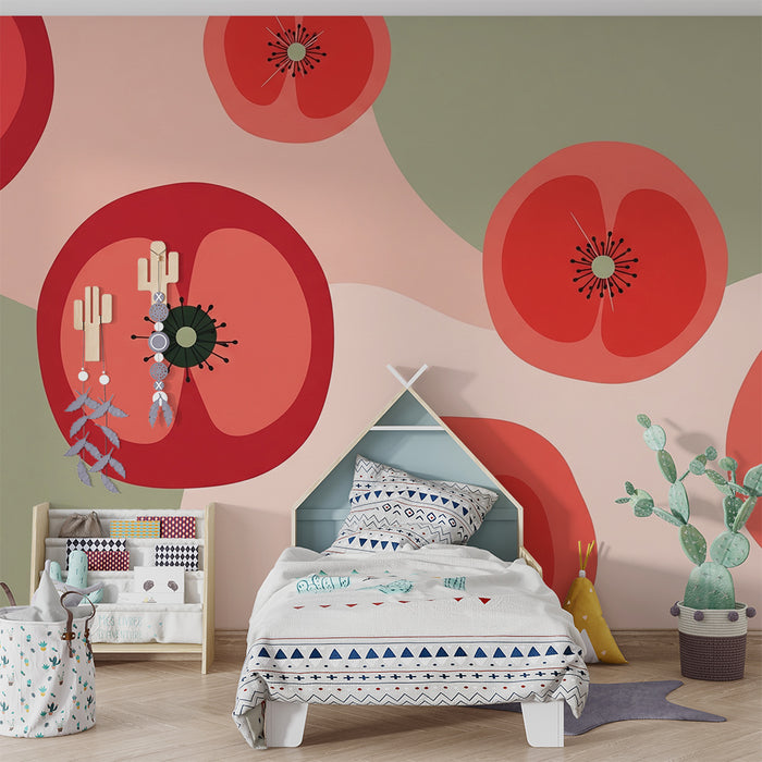 Babykamer behang | Gestileerde bloemen in rood en pastelgroen