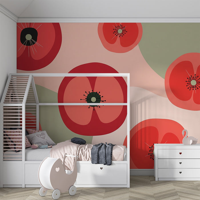 Babykamer behang | Gestileerde bloemen in rood en pastelgroen