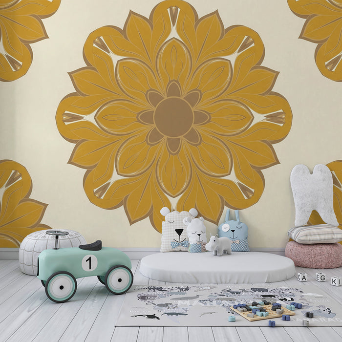 Papier peint chambre bébé | Fleurs stylisées en tons dorés sur fond crème