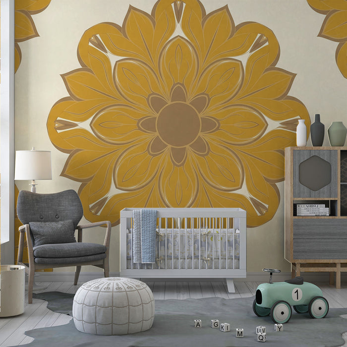 Papier peint chambre bébé | Fleurs stylisées en tons dorés sur fond crème