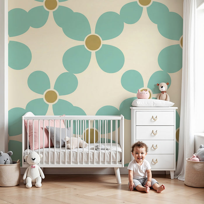 Papier peint chambre bébé | Fleurs stylisées en turquoise et beige sur fond crème