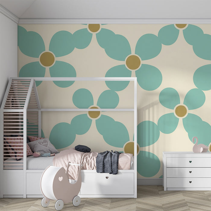Papier peint chambre bébé | Fleurs stylisées en turquoise et beige sur fond crème