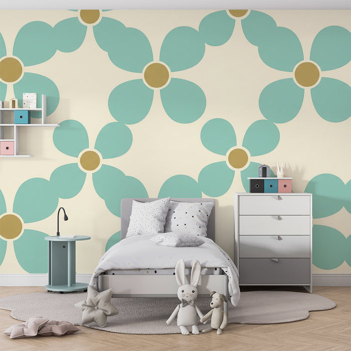 Papier peint chambre bébé | Fleurs stylisées en turquoise et beige sur fond crème