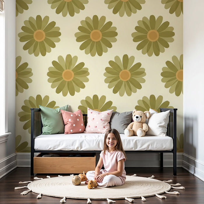 Papier peint chambre bébé | Fleurs stylisées en vert sur fond crème