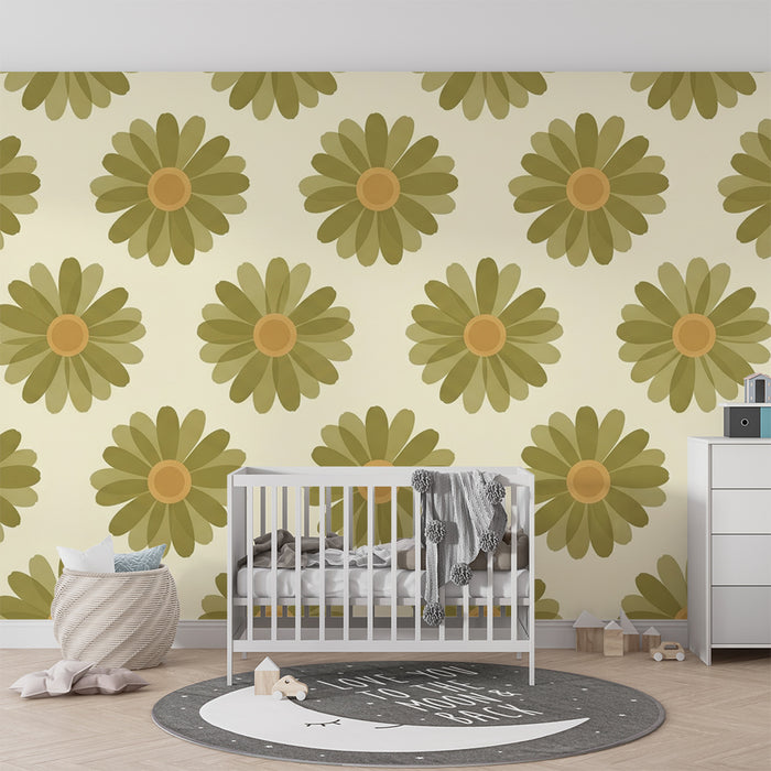 Papier peint chambre bébé | Fleurs stylisées en vert sur fond crème