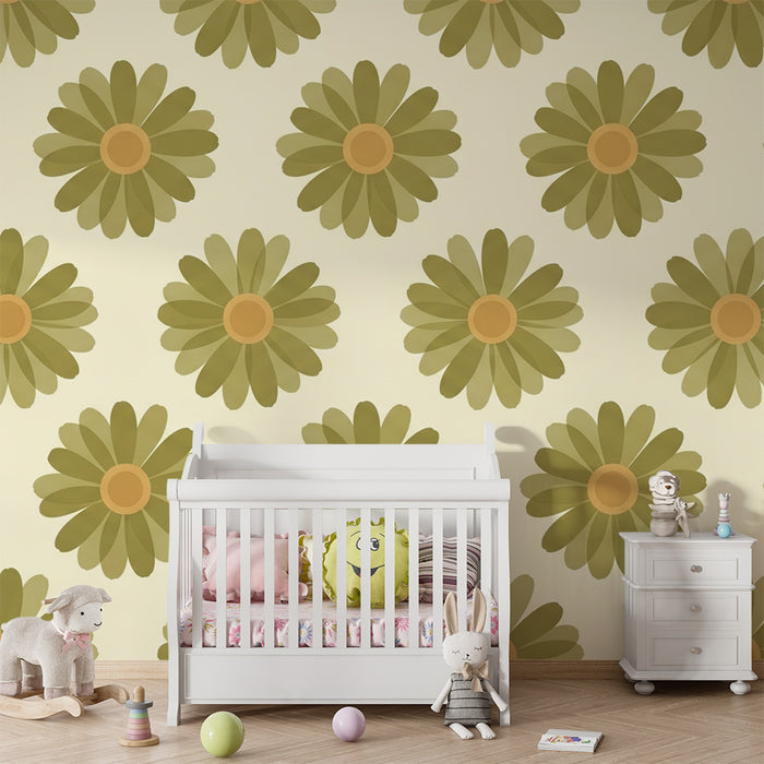 Papier peint chambre bébé | Fleurs stylisées en vert sur fond crème
