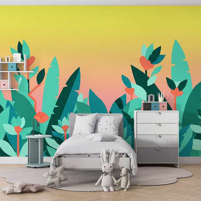 Børneværelse tapet | Stiliserede blomster og farverigt løv på gradient baggrund