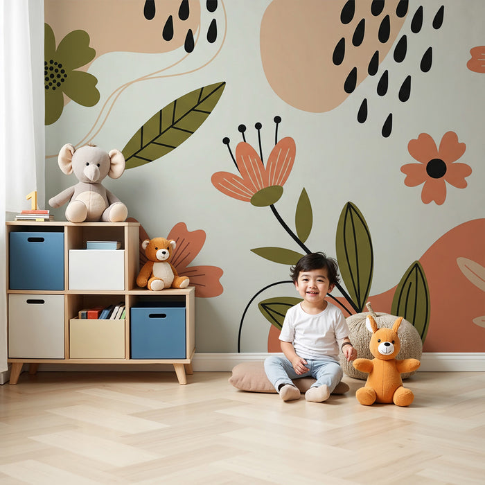 Barntapet | Stiliserade blommor och organiska former i mjuka färger