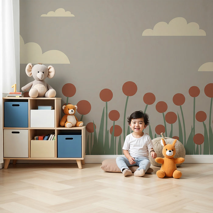 Nursery room wallpaper | Stylized flowers and soft clouds
