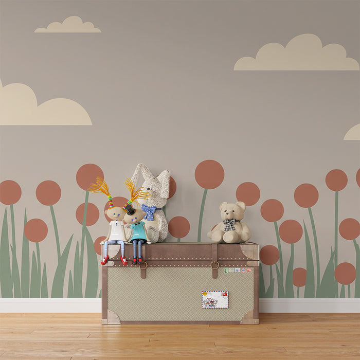 Nursery room wallpaper | Stylized flowers and soft clouds