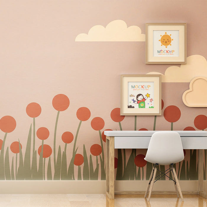 Nursery room wallpaper | Stylized flowers and soft clouds