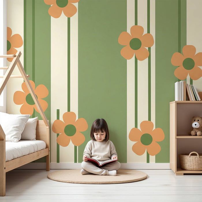 Papier peint chambre bébé | Fleurs stylisées et rayures dans des tons doux