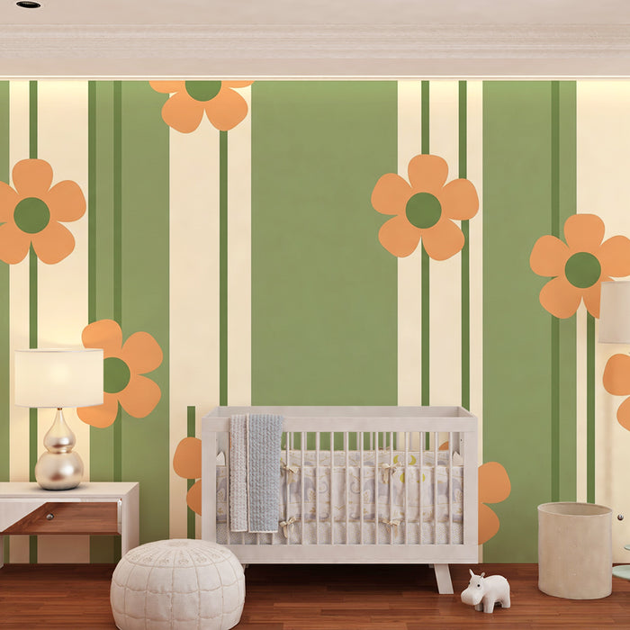 Papier peint chambre bébé | Fleurs stylisées et rayures dans des tons doux