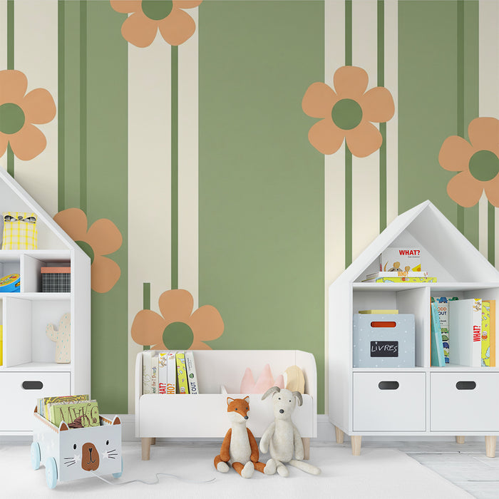 Papier peint chambre bébé | Fleurs stylisées et rayures dans des tons doux