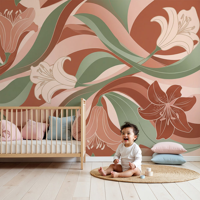 Papier peint chambre bébé | Fleurs stylisées et vagues douces dans des tons terracotta