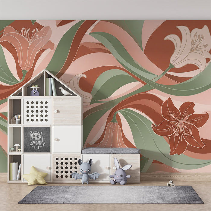 Papier peint chambre bébé | Fleurs stylisées et vagues douces dans des tons terracotta