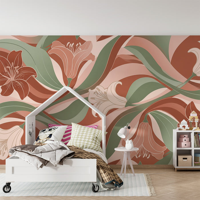 Papier peint chambre bébé | Fleurs stylisées et vagues douces dans des tons terracotta