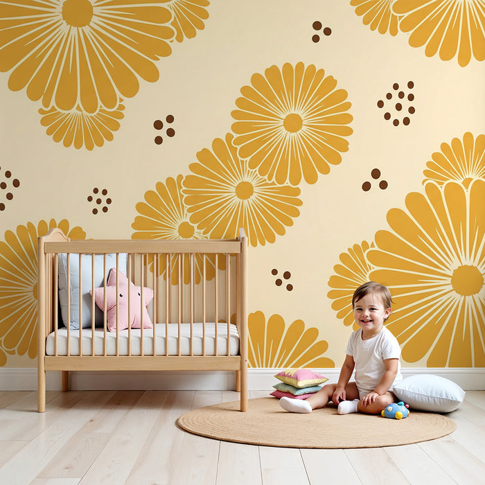 Papier peint chambre bébé | Fleurs stylisées jaunes sur fond crème